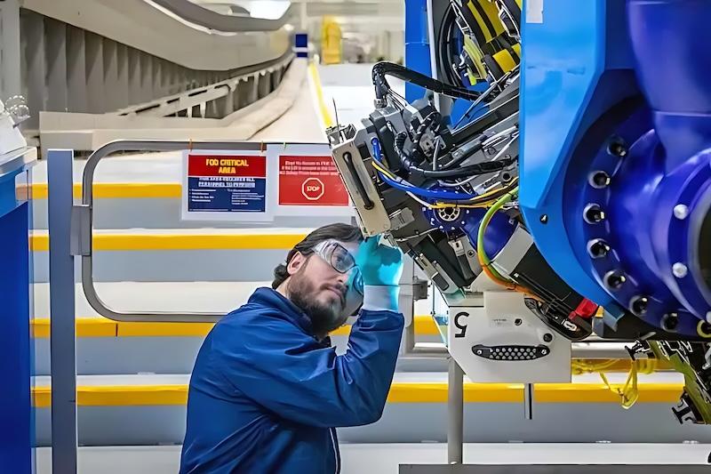 worker working on 777-8F wing spar composite plies